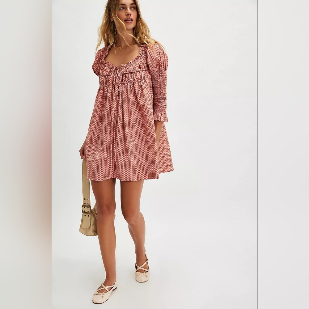 Free People Star Dip Tiered Smocked Button Front Cotton Dress Size S New